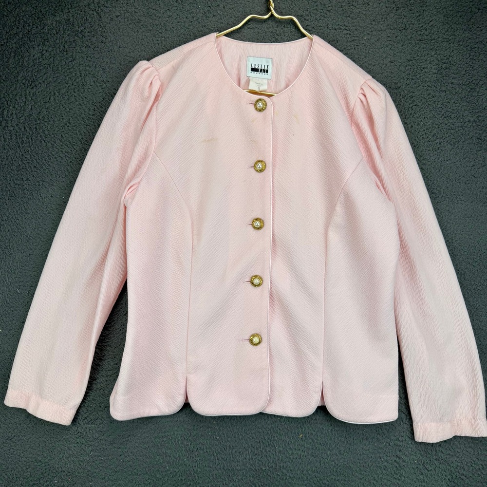 Leslie Fay Pink Textured Button Front Jacket with Pearl Accents Size 14